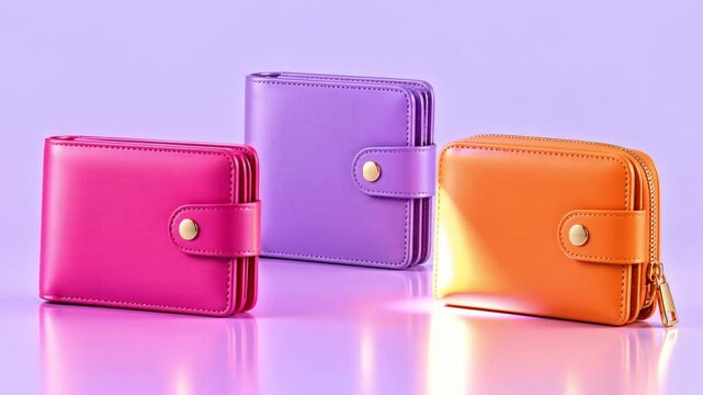 Three colorful zippered wallets arranged on a glossy studio surface, featuring vibrant pink, purple and orange tones for fashion, retail, accessories and shopping campaigns.