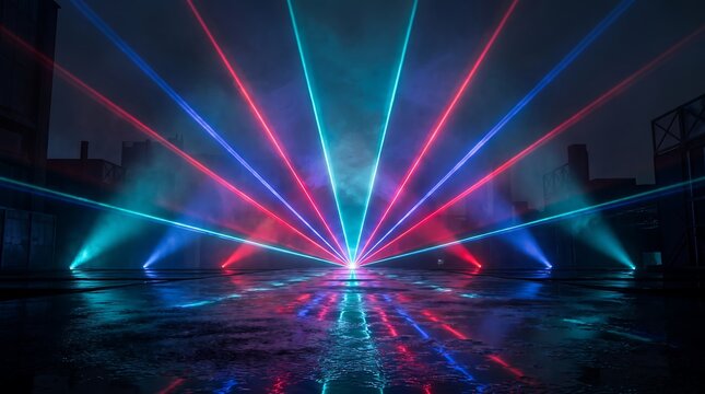 Dramatic laser light show with red and blue beams illuminating a wet urban cityscape at night