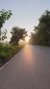 Scenic rural road at sunrise with warm golden light, green fields, tropical trees and a passing motorcycle.