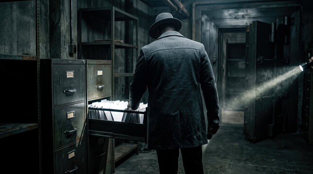 Detective searching file cabinet in dark archive room photo, investigator looking through documents with flashlight in underground vault, mysterious espionage thriller film scene
