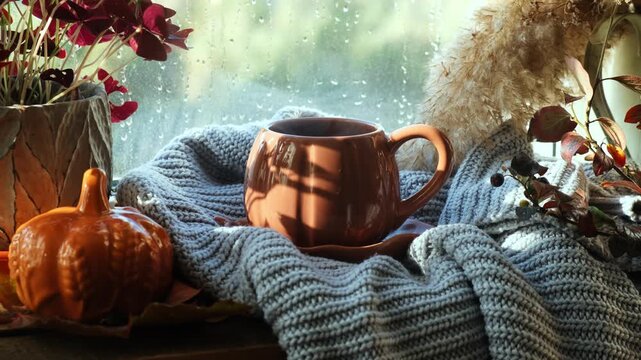 Autumn vibes. Tea time or coffee break. Mug of hot steaming drink on windowsill in cozy interior, raining outside. Warm and cozy fall atmosphere. 
