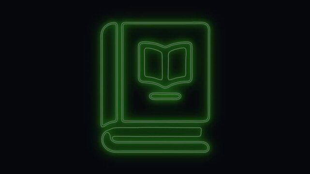 Green neon book icon glows vividly against a dark background providing a clean glowing outline for education, literature, and learning concepts.