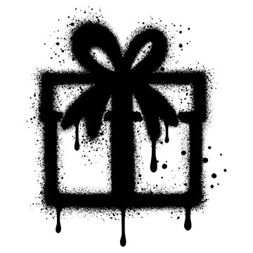 Gift box icon in graffiti style with black spray paint. Birthday gift box icon