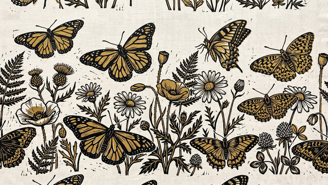 Vintage linocut butterflies with daisies, poppies, and thistles in gold and black. Ideal for textiles, wallpaper, and nature-inspired designs