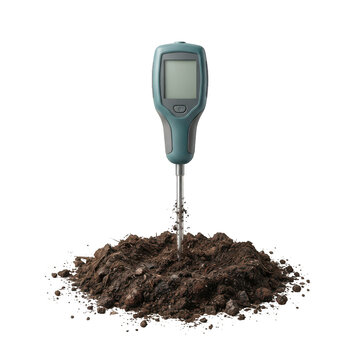Digital soil moisture meter inserted into a pile of dark earth
