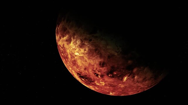 Fiery planet glowing red and orange against a dark space background, with bright lava-like texture and dramatic lighting