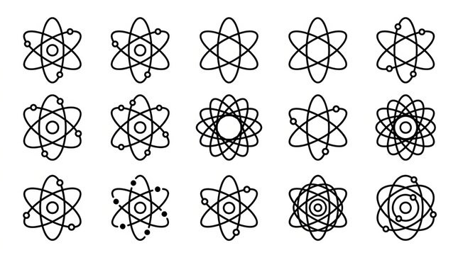 Abstract atomic structure variations with intricate electron cloud patterns.