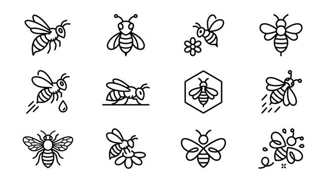 Abstract Bee and Insect Symbols Line Art Collection.