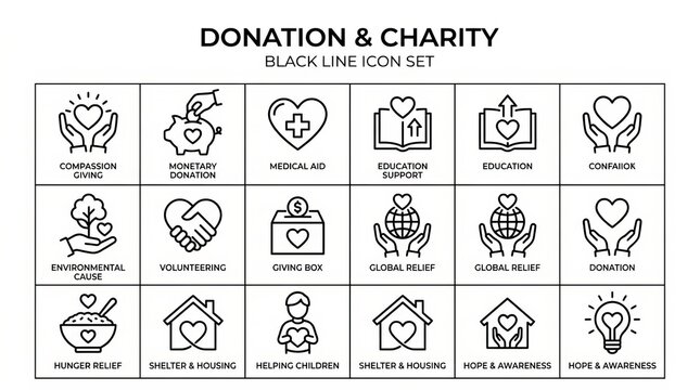 Charitable Gestures and Community Support Icons Set.
