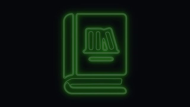 Book icon glowing with emerald green neon light on a dark backdrop representing education knowledge and digital learning concepts.