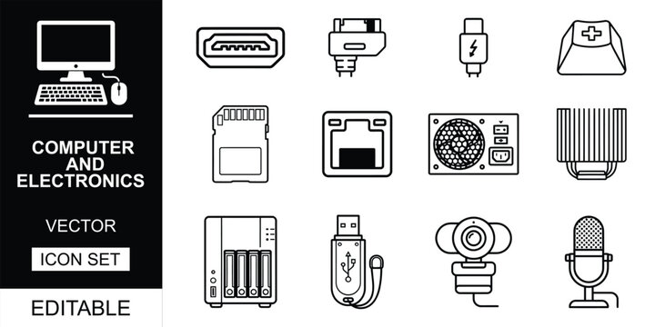 Computer cable ports and connectors line icon set including HDMI, DisplayPort, VGA, DVI, USB, Ethernet RJ45, Audio jack, Optical, and Power port