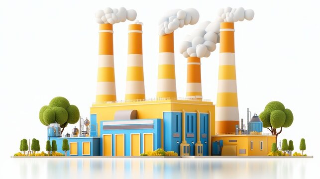 Low Poly 3D Render of Yellow and Blue Factory with Smoke Stacks and Green Trees on White Background