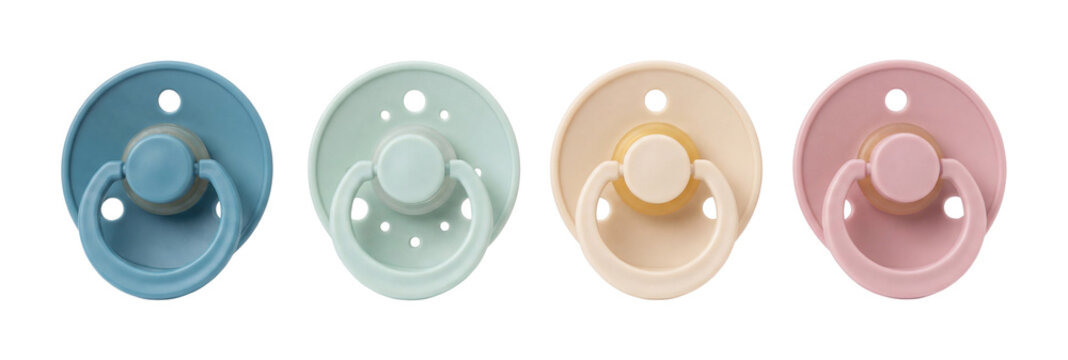 Four colorful baby pacifiers isolated on transparent background
