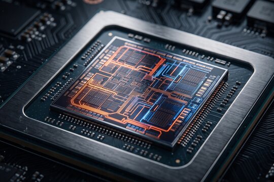 High-tech computer processor on motherboard, powerful CPU microchip with glowing circuit lines, advanced semiconductor hardware for AI computing