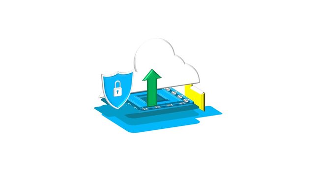 Isometric Cloud Data Protection with Shield and Upload Arrow Animation