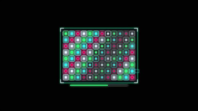 Futuristic HUD interface with glowing data grid, digital loading bar on black background, high-tech motion graphics for sci-fi UI design