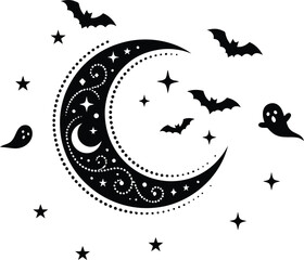 Halloween crescent moon with bats and ghosts © muniyazava