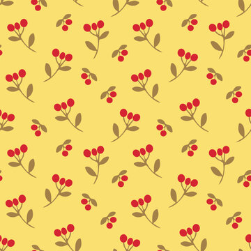 Red berry branch seamless pattern on pastel yellow background. 