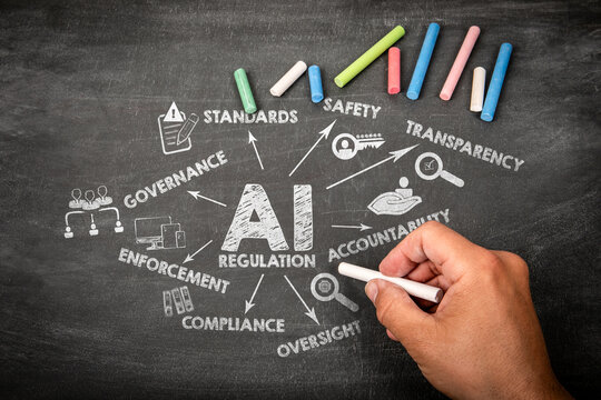 Hand Illustrating AI REGULATION Principles on a Blackboard with Colorful Chalk
