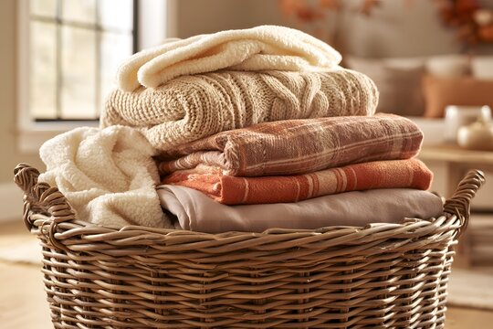 Cozy autumn blankets and knit sweaters neatly folded in a large wicker basket
