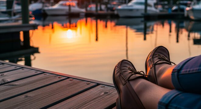Person relaxing with feet in boat shoes on a wooden dock at sunset marina