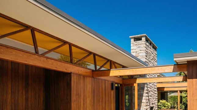 Modern Midcentury North America House Exterior featuring Exposed Timber Beams Stone Chimney and Clerestory Window.