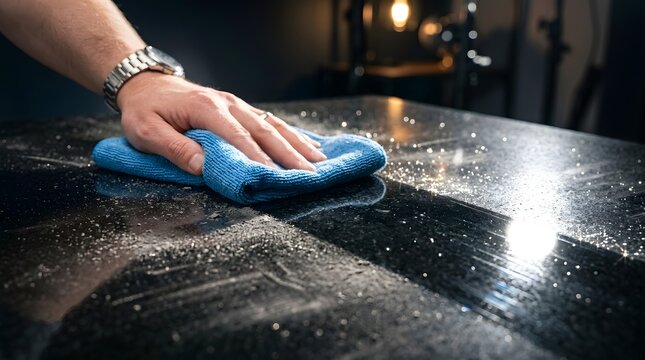 Close up of a hand cleaning a dark surface with a blue sponge and soapy water