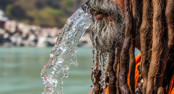 Close up of an Indian Sadhu spitting water during a traditional spiritual ritual by the river