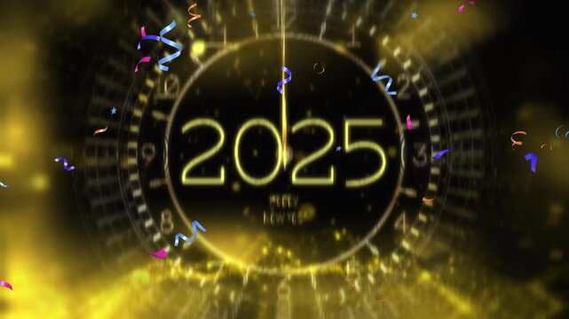 Animation featuring the number 2025 centered inside a glowing golden clock face surrounded by falling confetti against a dark background during a celebratory New Year countdown moment.