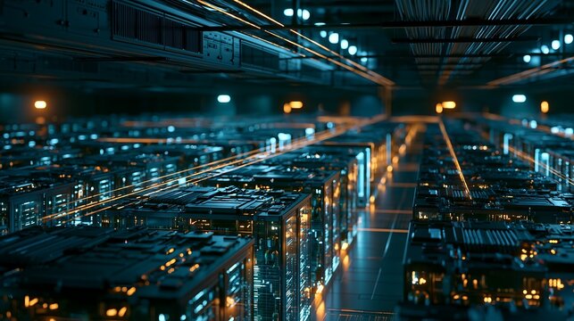 Futuristic server room hosting rows of high tech computer racks with glowing blue and orange lights
