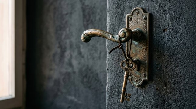 Vintage Bronze Door Handle with Antique Skeleton Key