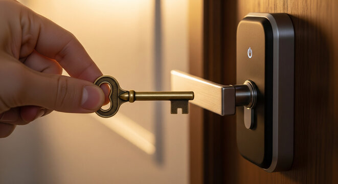 Hand holding a vintage skeleton key near a modern electronic smart door lock handle