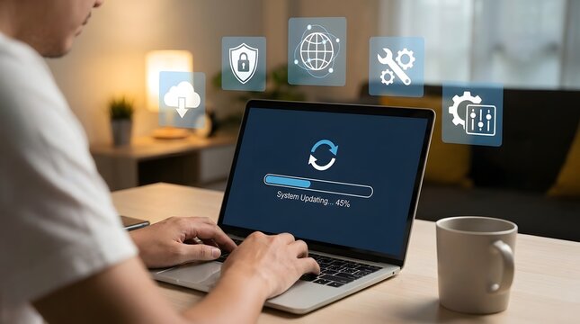 Person using a laptop for software update and system maintenance