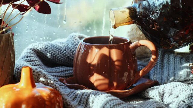 Autumn vibes. Pouring tea into mug from teapot. Cup of hot drink on windowsill in cozy interior, raining outside. Cozy fall atmosphere. 