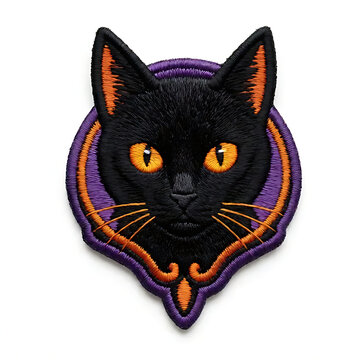 A single embroidered black cat Halloween patch, mysterious black cat silhouette with glowing orange eyes