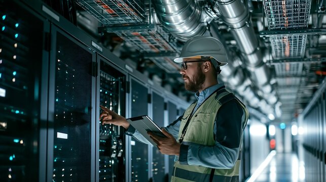 Professional technician in hard hat using tablet inspecting server rack in datacenter