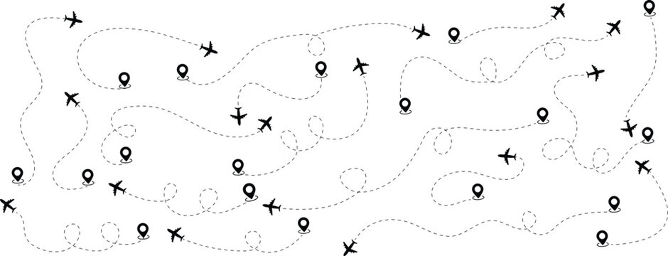 Airplane routes set. Plane route line. Planes dotted flight pathway. Plane paths. Romantic travel, heart dashed line trace and plane routes.  Aircraft tracking, planes, travel, map pins, location pins