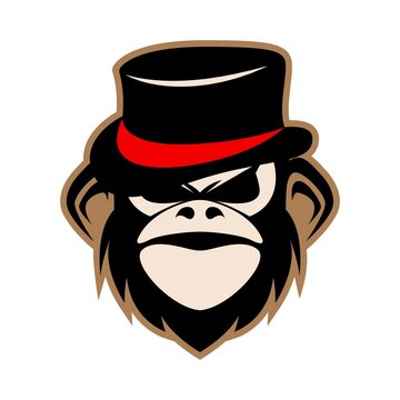 Stylized illustration of a cool monkey head wearing a black top hat with a red ribbon