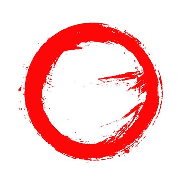A hand drawn red circular frame with a rough distressed paint brush texture on a white background