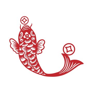 Traditional chinese paper cut style illustration of a red koi fish with golden fortune coins isolated on white