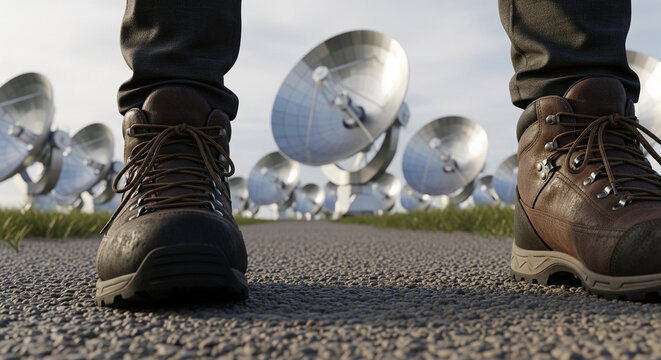 Low angle view of hiking boots on a gravel road with massive satellite dishes in the background