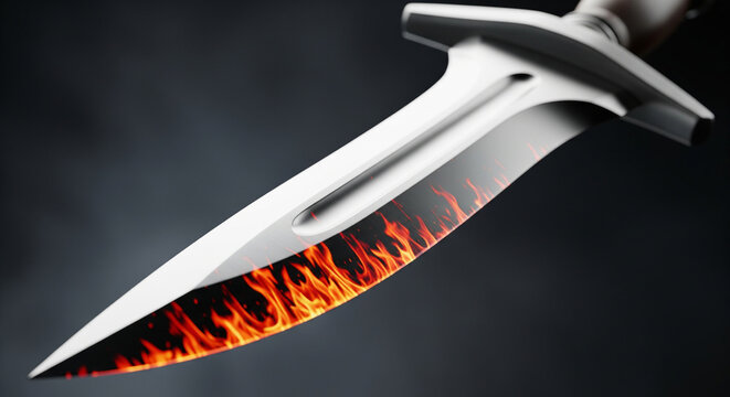 Fantasy steel dagger with flaming edge on dark smoky background