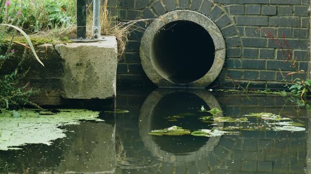 Large drainage culvert above dark polluted water with circular reflection near brick embankment. Storm sewer infrastructure at urban pond. Environmental contamination concept with algae, litter and