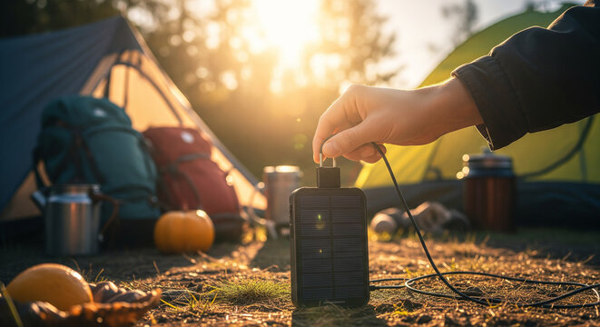 Hand connecting cable to portable solar power bank at outdoor campsite during sunset