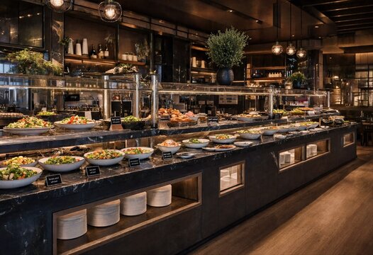 Upscale restaurant buffet line with a dark marble counter displaying numerous bowls of fresh salads and cold appetizers.