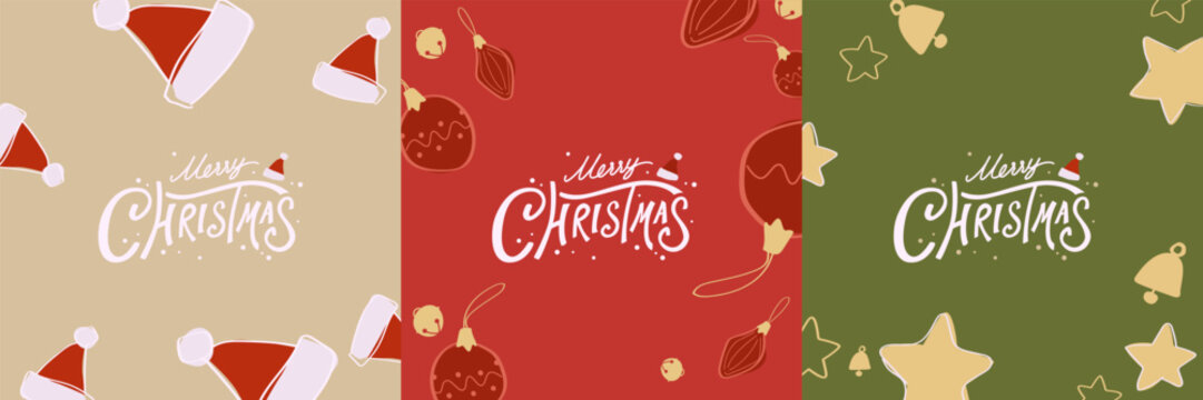 Set of Merry Christmas holiday and Happy New Year banner background with typography Cute hand drawn Santa hat christmas ball and star.