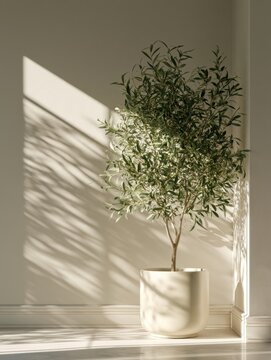 Eleganter Olivenbaum im Innenraum in mattwei&szlig;em Keramiktopf
