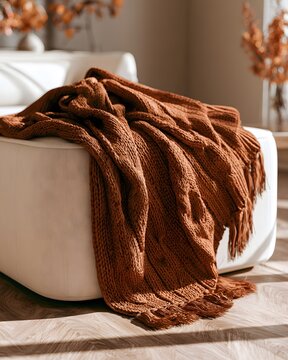 Rust colored knitted throw blanket draped over white ottoman in cozy room