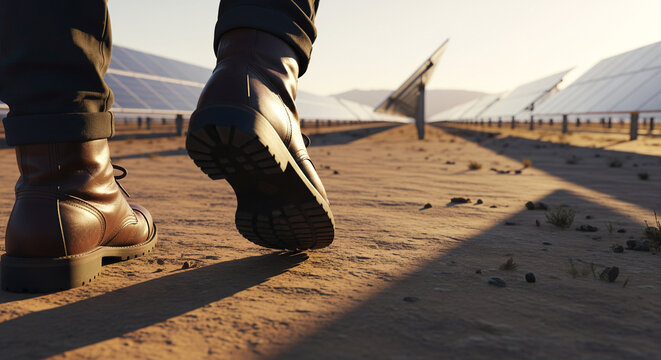 Close up of worker in leather boots walking through a solar panel farm in the desert at sunset