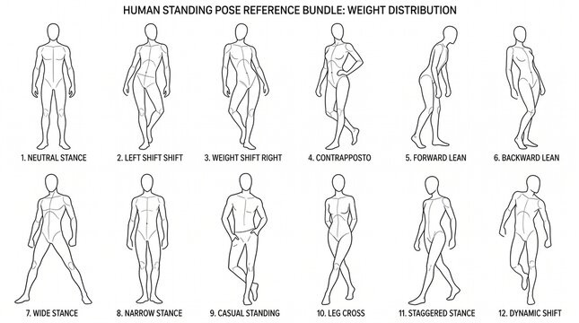 Human standing pose reference sheet showing various weight distribution and body stances for artists.